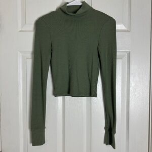 American Eagle Green Holiday Cropped Waffle Knit Turtle Neck Shirt Women XS